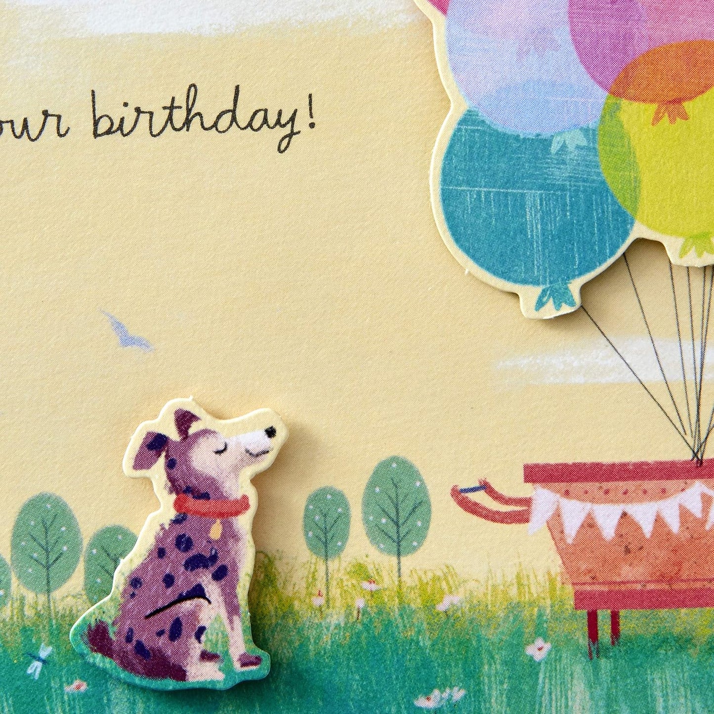 Hallmark Paper Wonder Pop Up Birthday Card (Get Carried Away) close up of playful dog illustration beside colourful balloons.