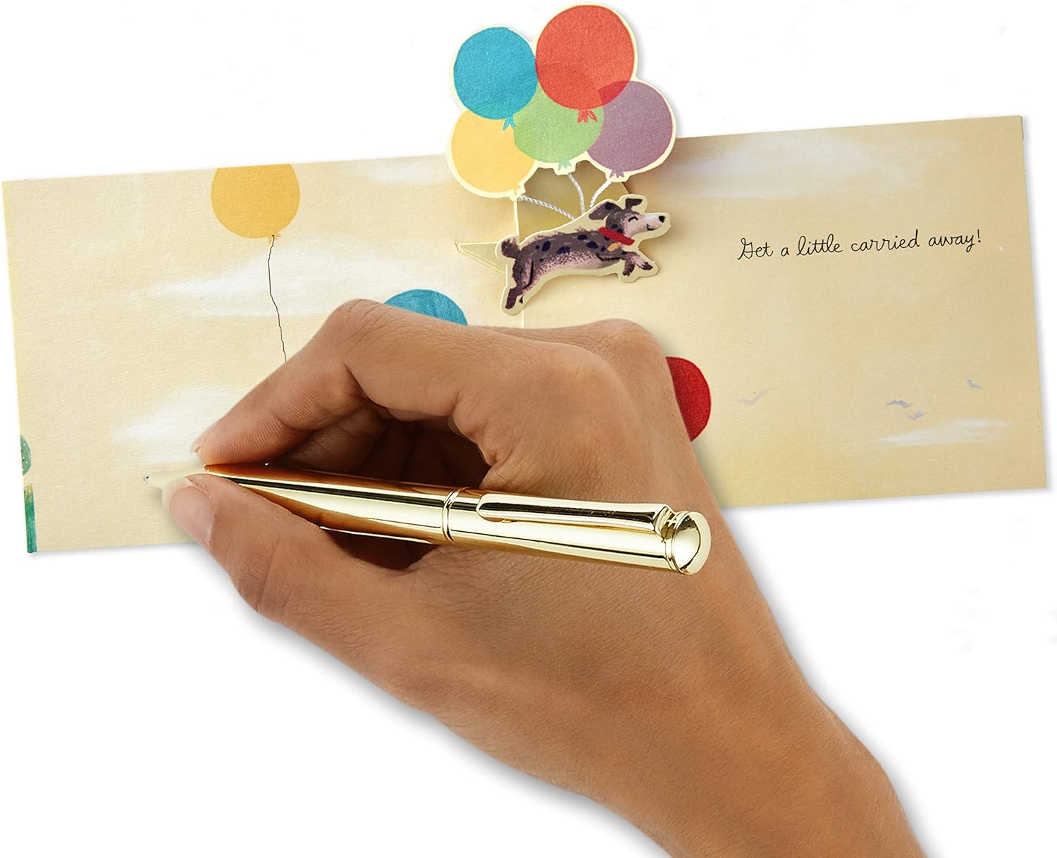 Hallmark Paper Wonder Pop Up Birthday Card (Get Carried Away) with a hand writing inside, featuring a 3D dog and balloons design.