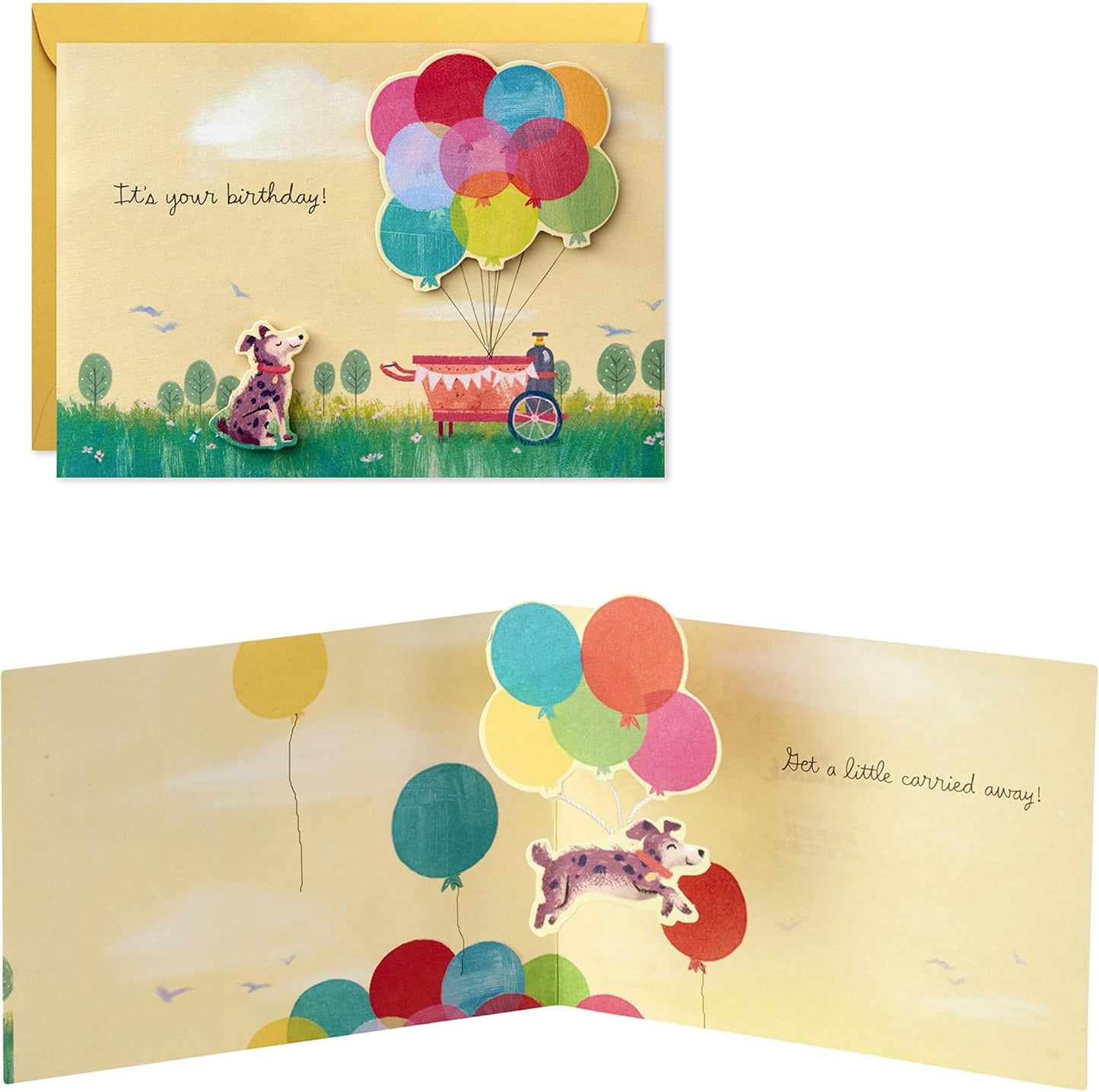 Hallmark Paper Wonder Pop Up Birthday Card (Get Carried Away) featuring a dog and vibrant balloons in a 3D pop-up design.