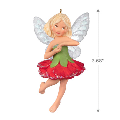 Fairy Messengers Carnation Fairy — Hallmark Keepsake Christmas Ornament, a vibrant pixie with blonde hair and iridescent wings, detailed view.