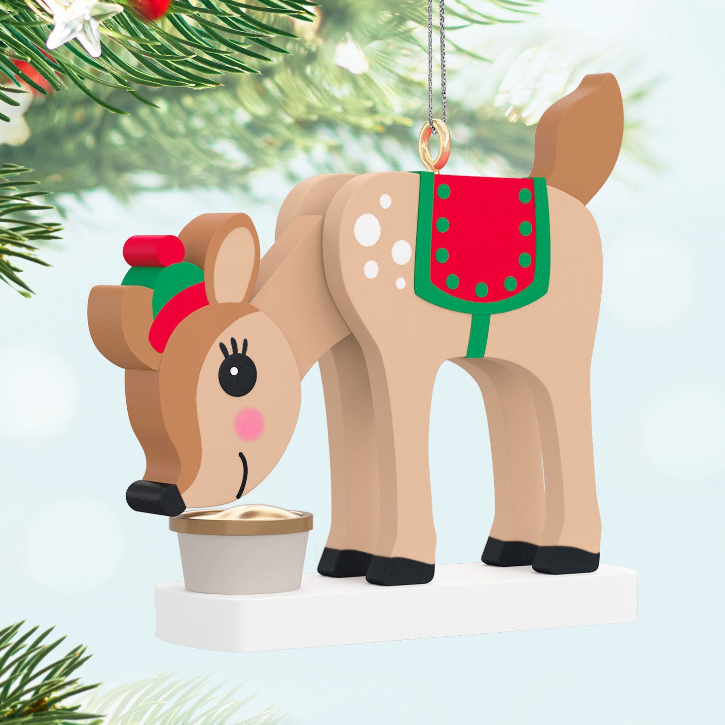Season's Snackings (Miniature) — Hallmark Keepsake Christmas Ornament, wooden reindeer in festive attire, head down by a food pail