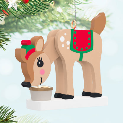 Season's Snackings (Miniature) — Hallmark Keepsake Christmas Ornament, wooden reindeer in festive attire, head down by a food pail