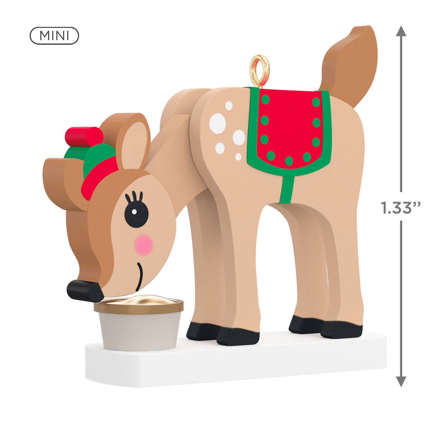 Season's Snackings (Miniature) — Hallmark Keepsake Christmas Ornament, miniature reindeer, festive saddle, close up view