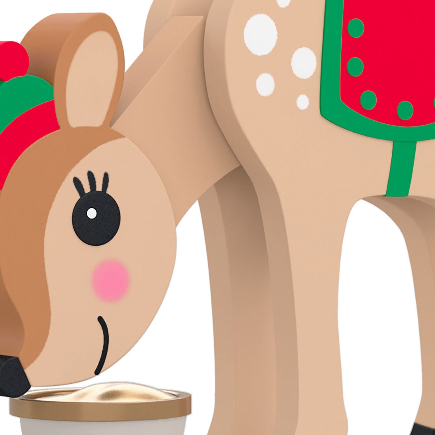 Season's Snackings (Miniature) — Hallmark Keepsake Christmas Ornament, reindeer in festive saddle, close up eating from pail.
