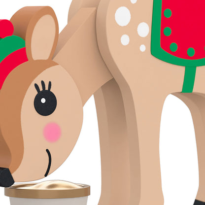 Season's Snackings (Miniature) — Hallmark Keepsake Christmas Ornament, reindeer in festive saddle, close up eating from pail.