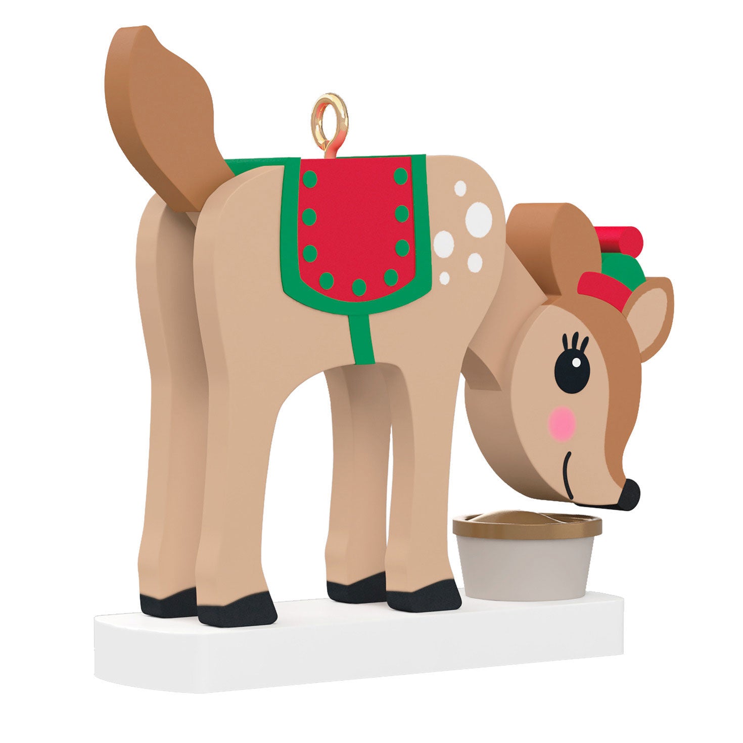 Season's Snackings (Miniature) — Hallmark Keepsake Christmas Ornament, playful reindeer design, angled view, festive saddle and hat.