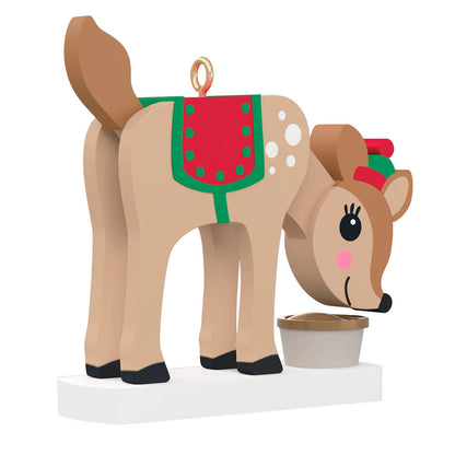 Season's Snackings (Miniature) — Hallmark Keepsake Christmas Ornament, playful reindeer design, angled view, festive saddle and hat.