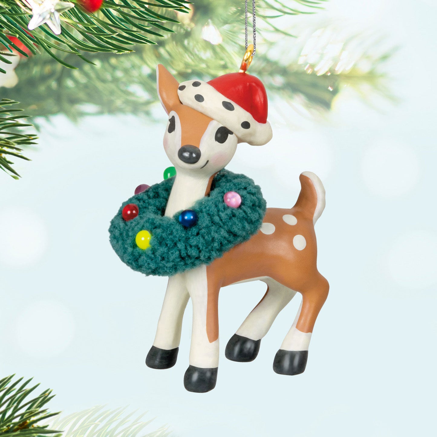Retro Reindeer (Miniature) — Hallmark Keepsake Christmas Ornament, colourful wreath, festive Santa hat, close up view