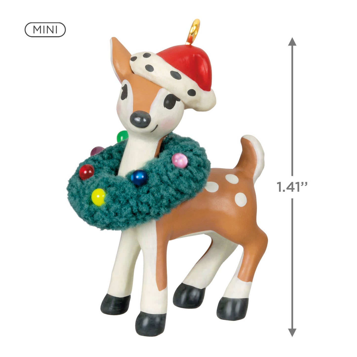 Retro Reindeer (Miniature) — Hallmark Keepsake Christmas Ornament, small figurine wearing a Santa hat with a bottle brush wreath, 3.6 cm tall.