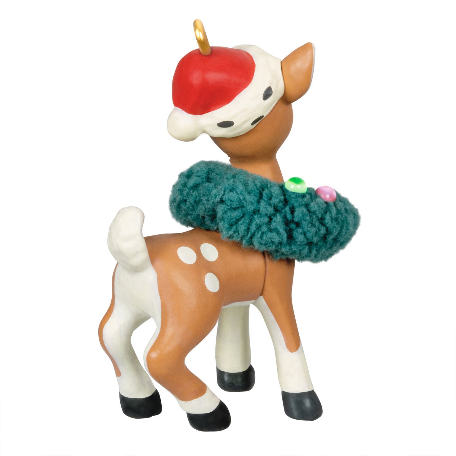 Retro Reindeer (Miniature) — Hallmark Keepsake Christmas Ornament with Santa hat, bottle brush wreath, and cute pose.