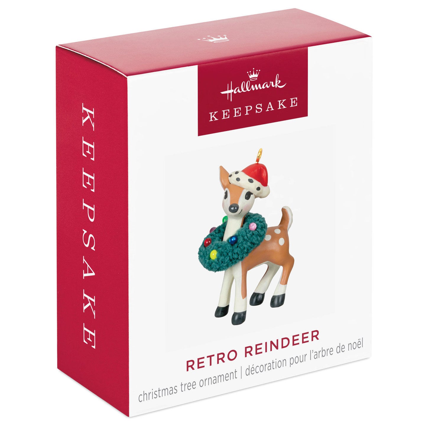 Retro Reindeer (Miniature) — Hallmark Keepsake Christmas Ornament in festive packaging with Santa hat and bottle brush wreath.