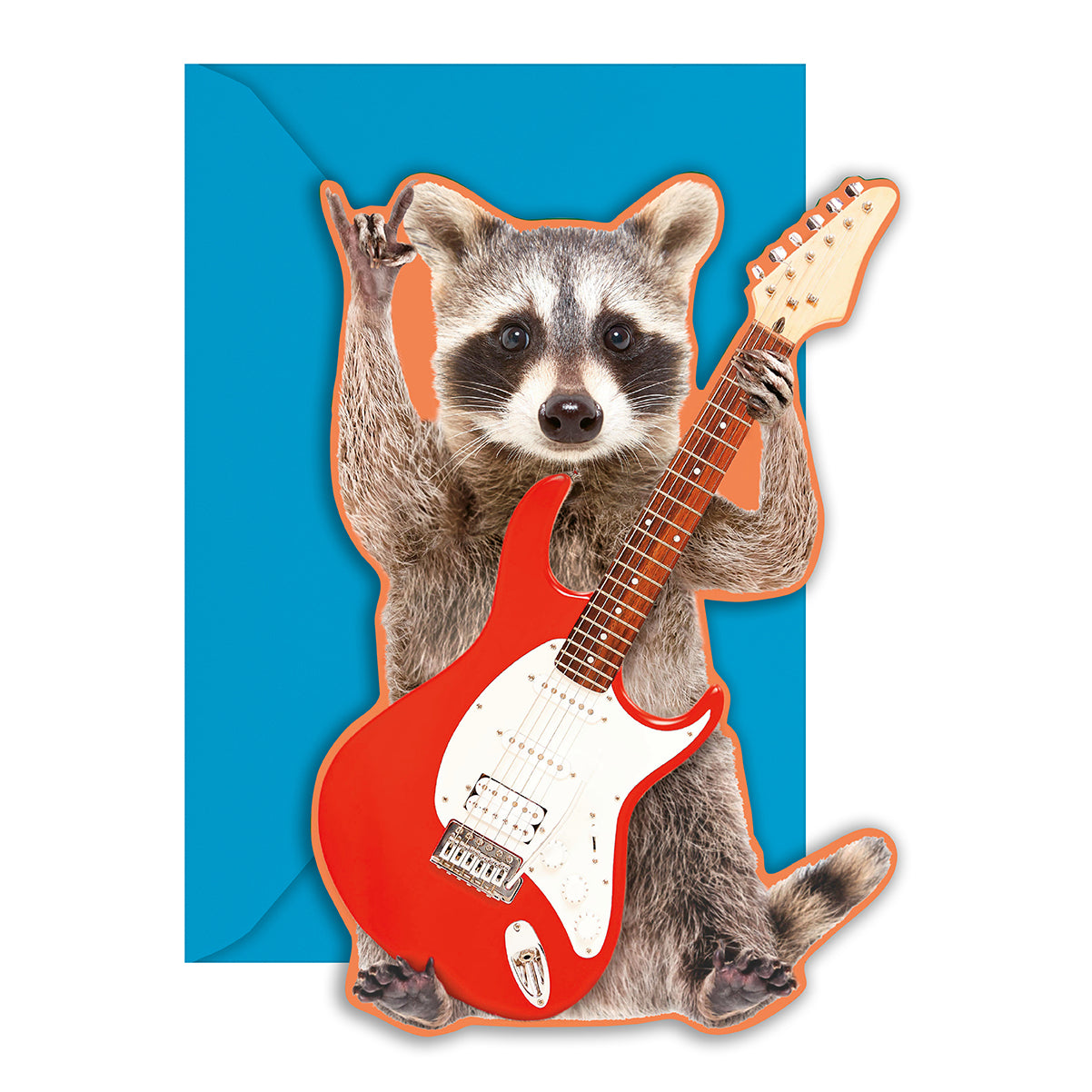 Raccoon playing a red electric guitar with a blue background