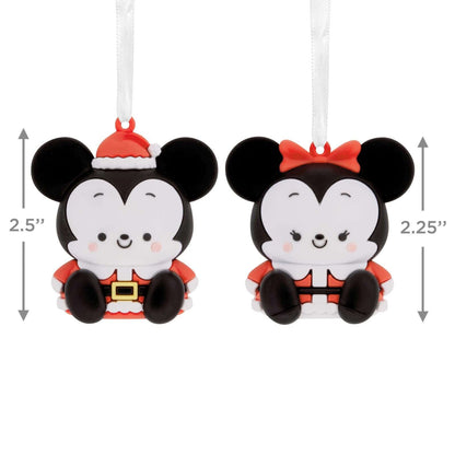 Better Together Disney Holiday Mickey and Minnie Magnetic, Set of 2 - Hallmark Christmas Ornament, featuring cute Santa designs, close up view.