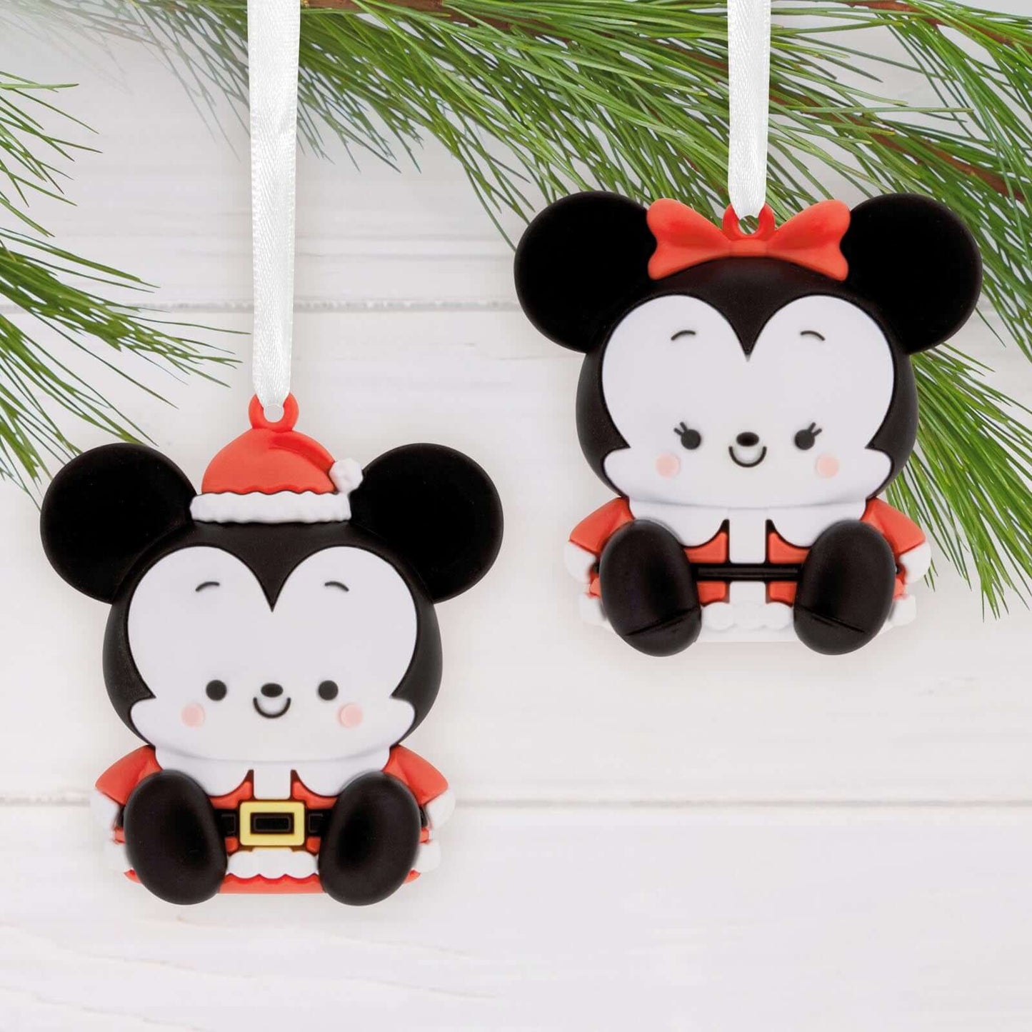 Better Together Disney Holiday Mickey and Minnie Magnetic, Set of 2 - Hallmark Christmas Ornament, close up views of festive characters.