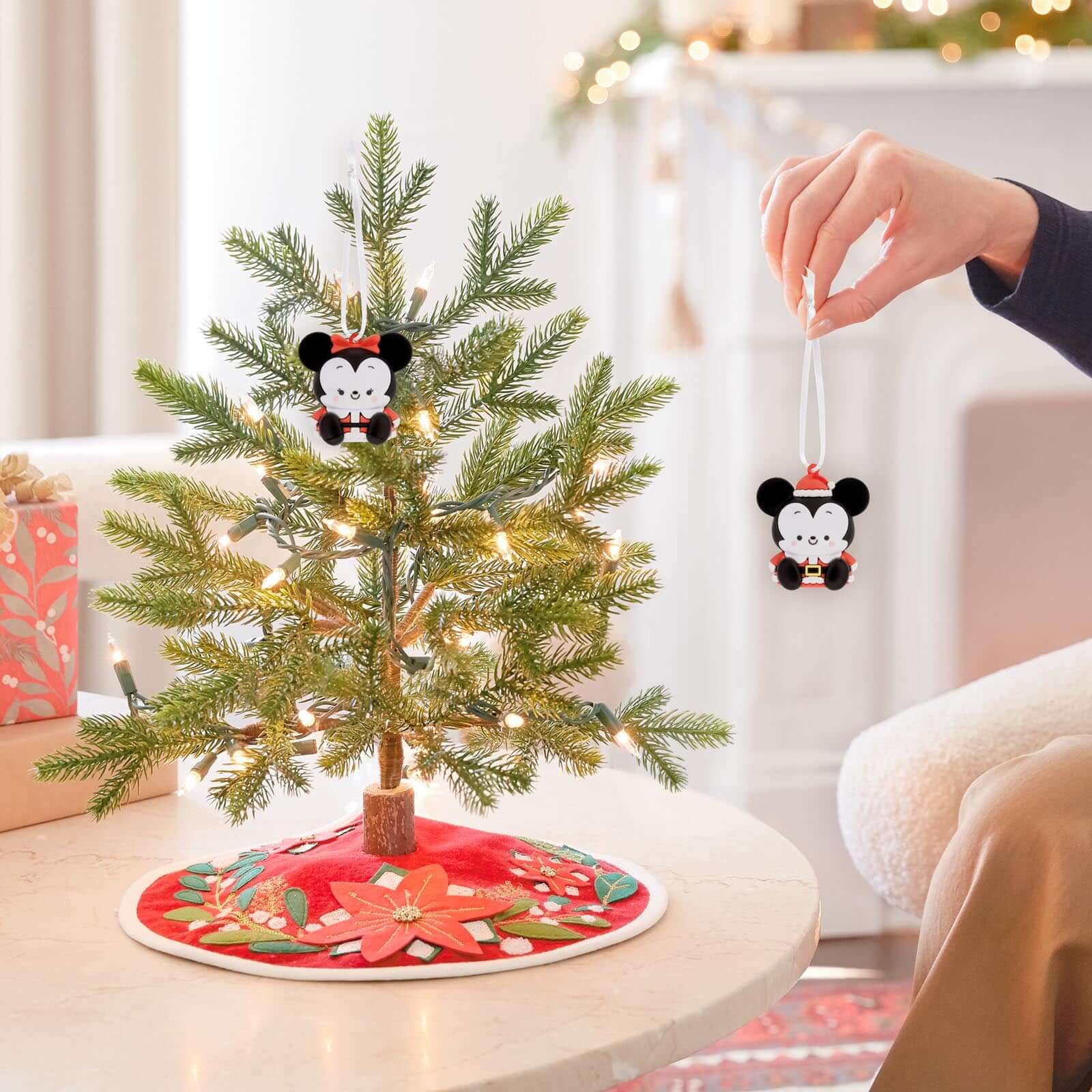 Better Together Disney Holiday Mickey and Minnie Magnetic, Set of 2 - Hallmark Christmas Ornament on a decorated tree, close up view.