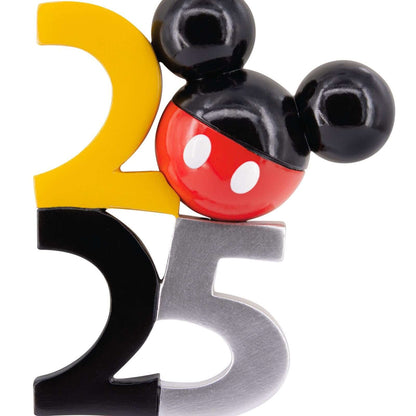 Disney Mickey Mouse Icon 2025 - Hallmark Christmas ornament featuring red and black Mickey head atop yellow, black, and silver numbers in a close-up view.