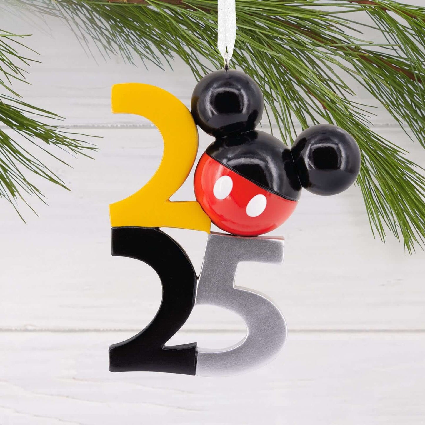 Disney Mickey Mouse Icon 2025 - Hallmark Christmas Ornament, vibrant colours, featuring modern numbers with Mickey ears detail on a white background.