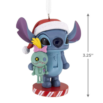 Disney Stitch Nutcracker - Hallmark Christmas Ornament featuring Stitch in a Santa hat with Scrump, standing on a peppermint base, 8.3 cm tall.