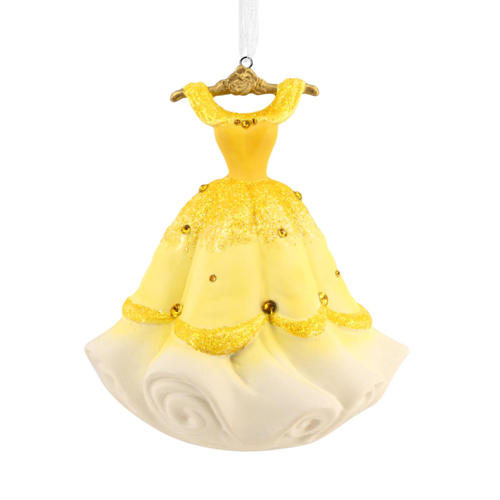 Disney Princess Belle's gown, ceramic - Hallmark Christmas ornament featuring yellow glitter accents and a decorative gold hanger.