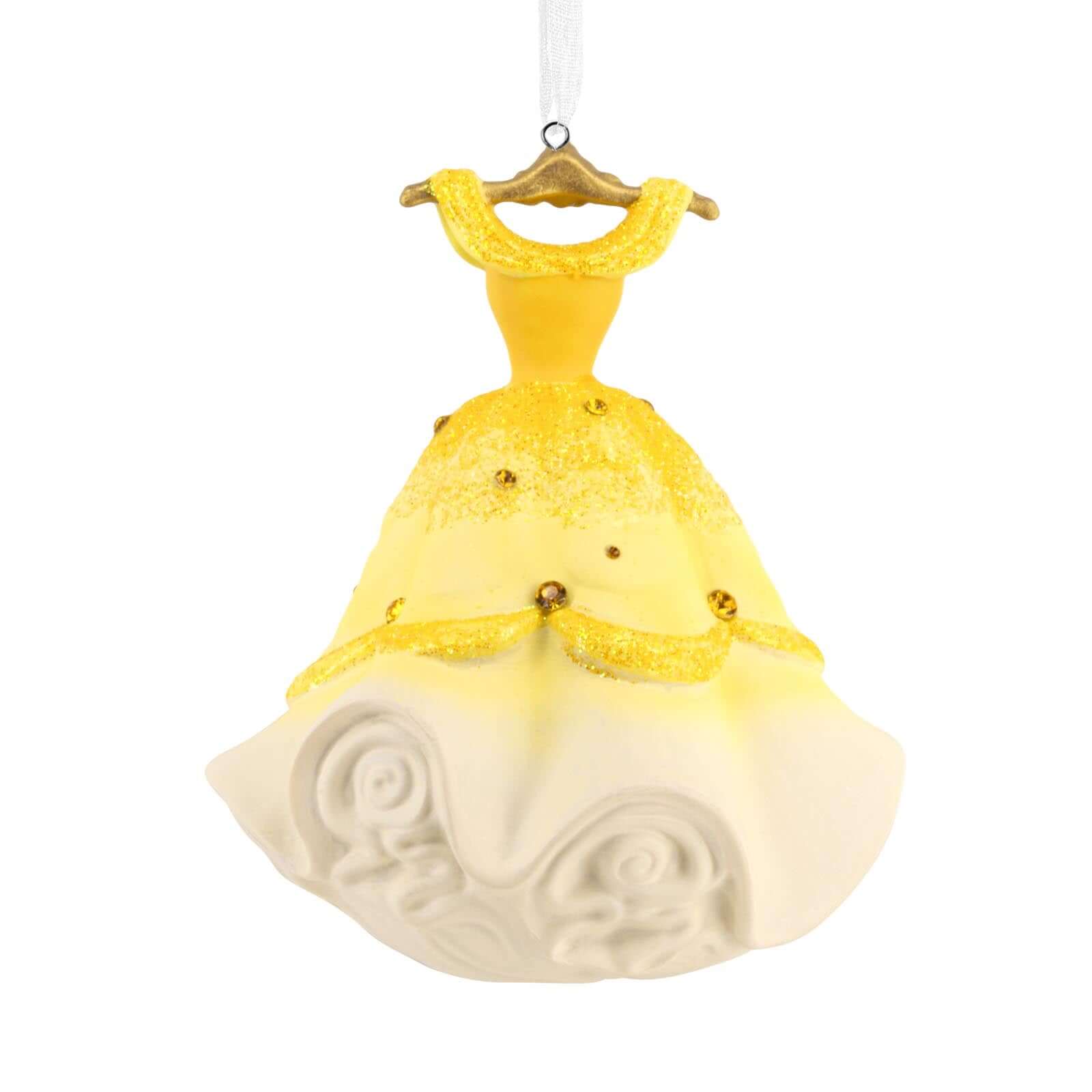 Disney Princess Belle's Gown, Ceramic - Hallmark Christmas Ornament with shiny gold accents, displayed on a gold hanger.