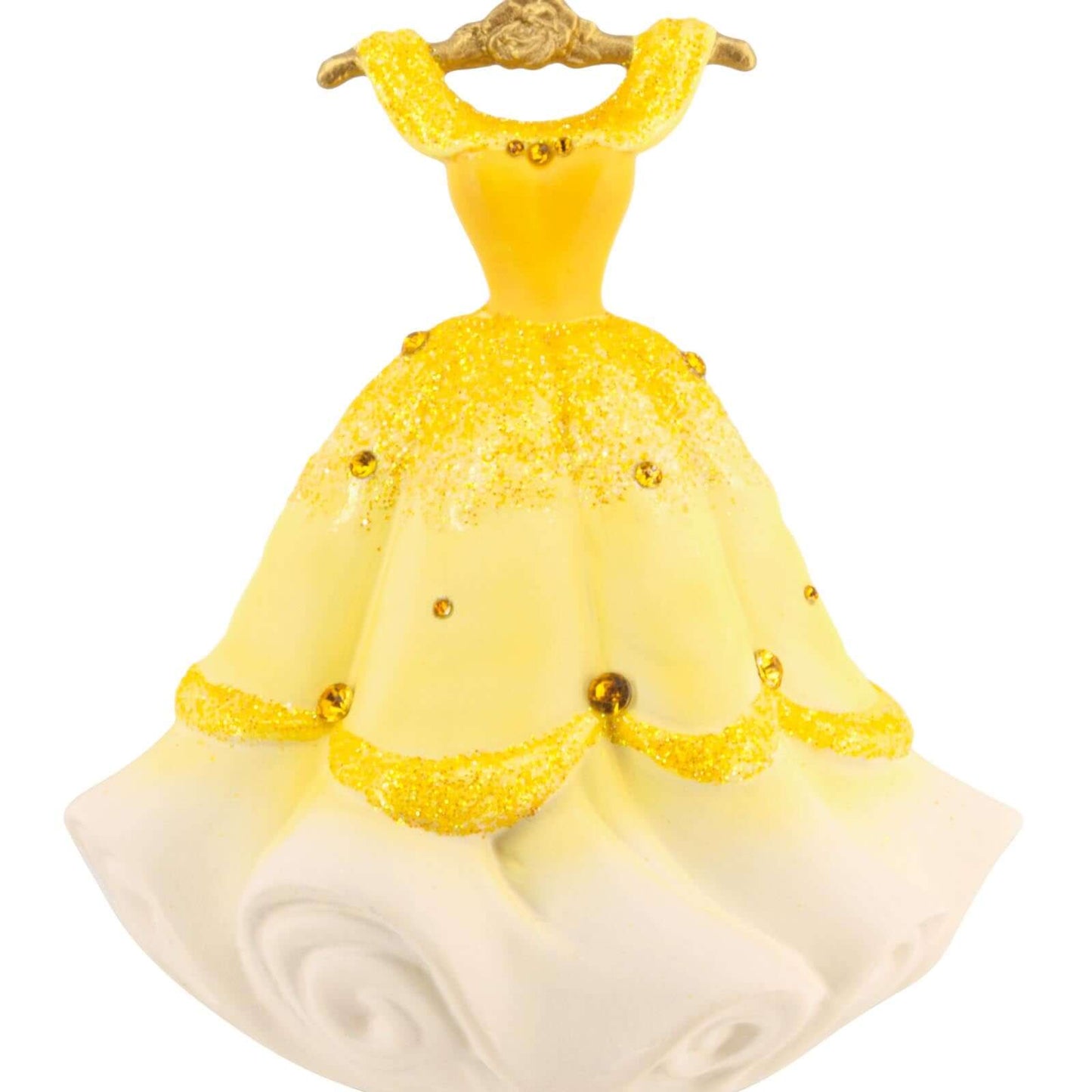 Disney Princess Belle's gown, ceramic - Hallmark Christmas ornament with glittering gold accents and a shimmery gold hanger.