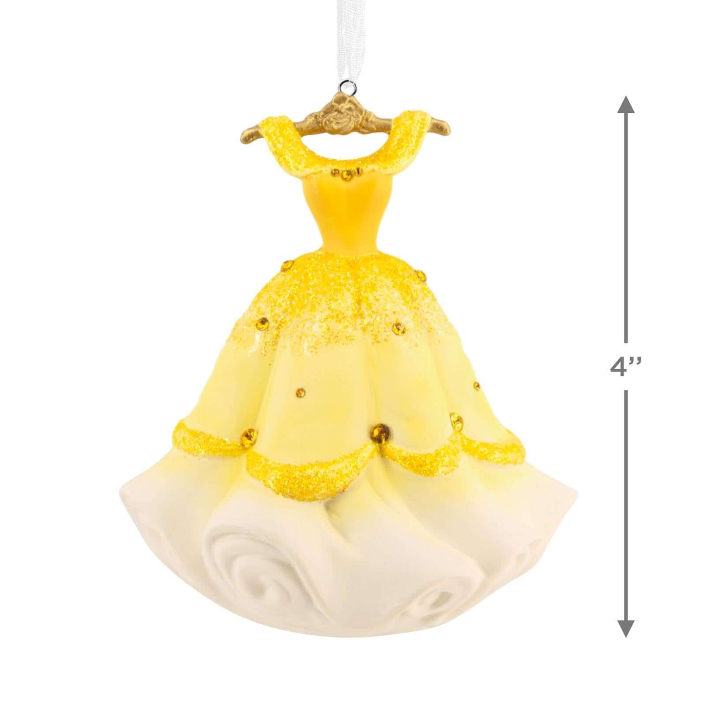 Disney Princess Belle's Gown, Ceramic - Hallmark Christmas Ornament featuring a 4-inch yellow ball gown with glitter and gold accents, hanging view.