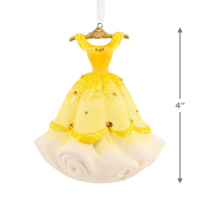Disney Princess Belle's Gown, Ceramic - Hallmark Christmas Ornament featuring a 4-inch yellow ball gown with glitter and gold accents, hanging view.
