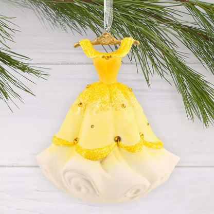 Disney Princess Belle's gown, ceramic - Hallmark Christmas ornament featuring a detailed yellow ball gown with glitter accents and gold trim.