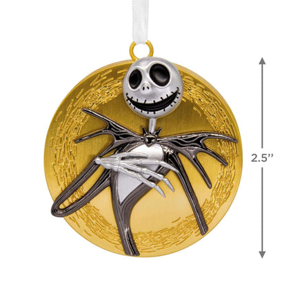 Disney Tim Burton's The Nightmare Before Christmas Jack Skellington on Moon, metal ornament featuring detailed design and shiny gold background, 2.5" size.