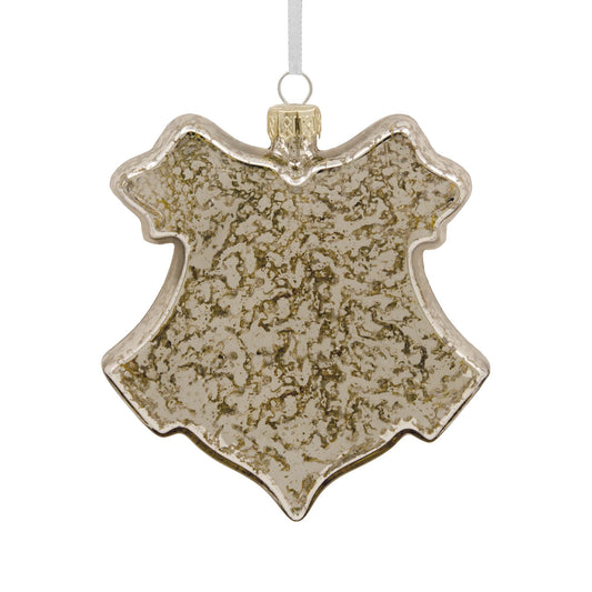 Hallmark Christmas Ornament (Harry Potter Hogwarts Crest Blown Glass) in a shimmering mirrored finish, hanging from a silver ribbon.