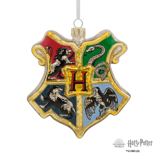 Hallmark Christmas Ornament (Harry Potter Hogwarts Crest Blown Glass) featuring house sigils in vibrant colours, angled view.