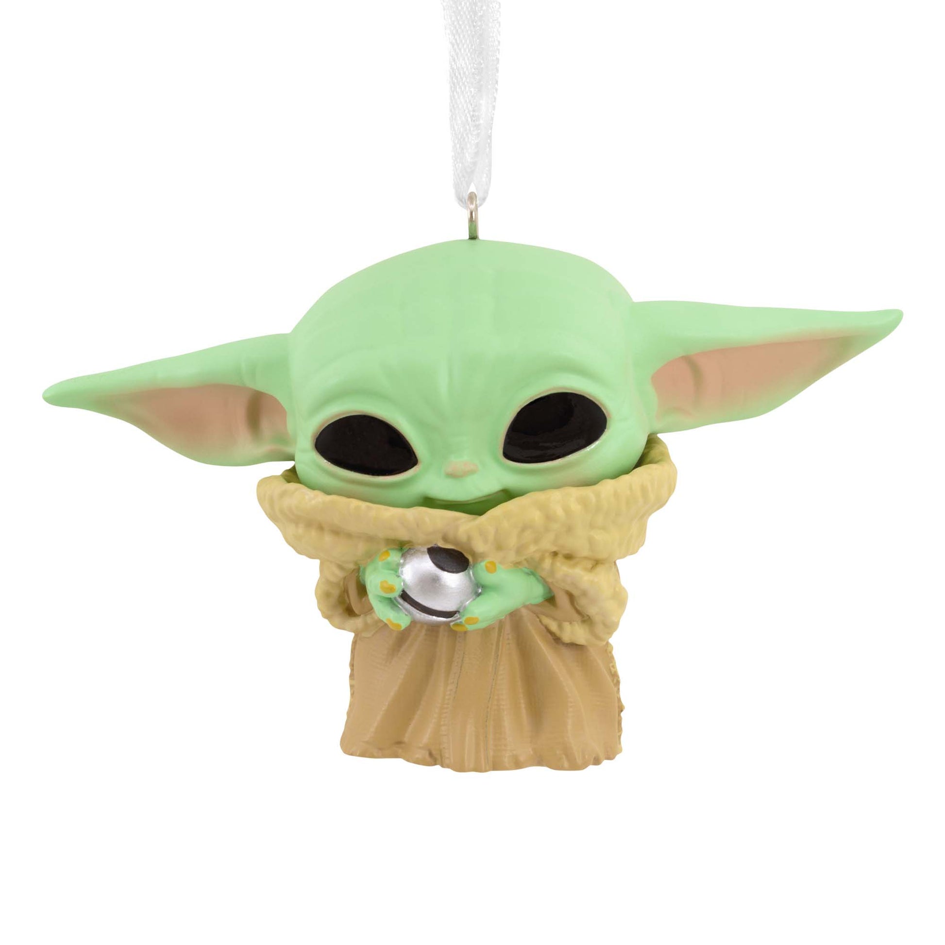 Hallmark Christmas Ornament (Star Wars™: The Mandalorian™ Grogu™ Funko POP!) features Grogu holding a Razorcrest knob, close-up view.