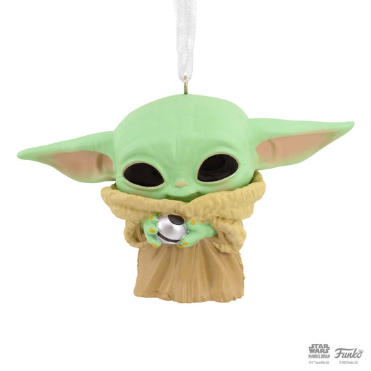 Hallmark Christmas Ornament (Star Wars™: The Mandalorian™ Grogu™ Funko POP!) features Grogu holding a Razorcrest knob, front view.