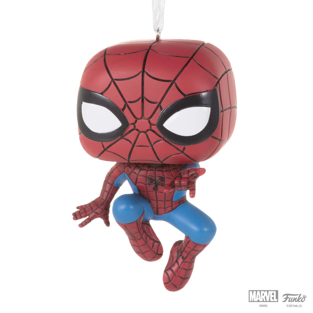 Hallmark Christmas Ornament (Marvel Spider-Man Funko POP!) featuring a detailed red and blue Spider-Man design, hanging view.