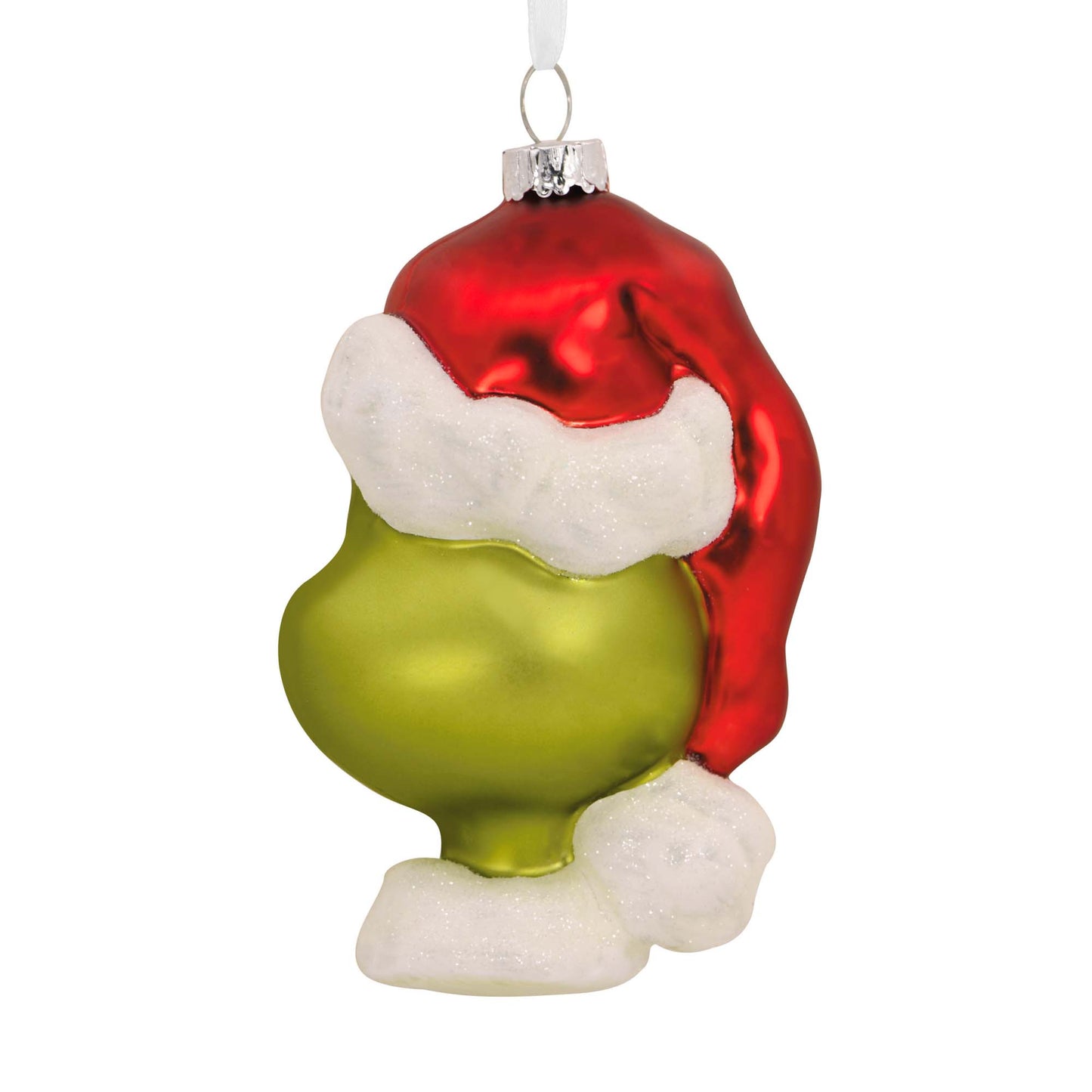 Hallmark Christmas Ornament (Dr. Seuss's How the Grinch Stole Christmas! Blown Glass) in vibrant red and green, featuring a Santa hat and snow detail.