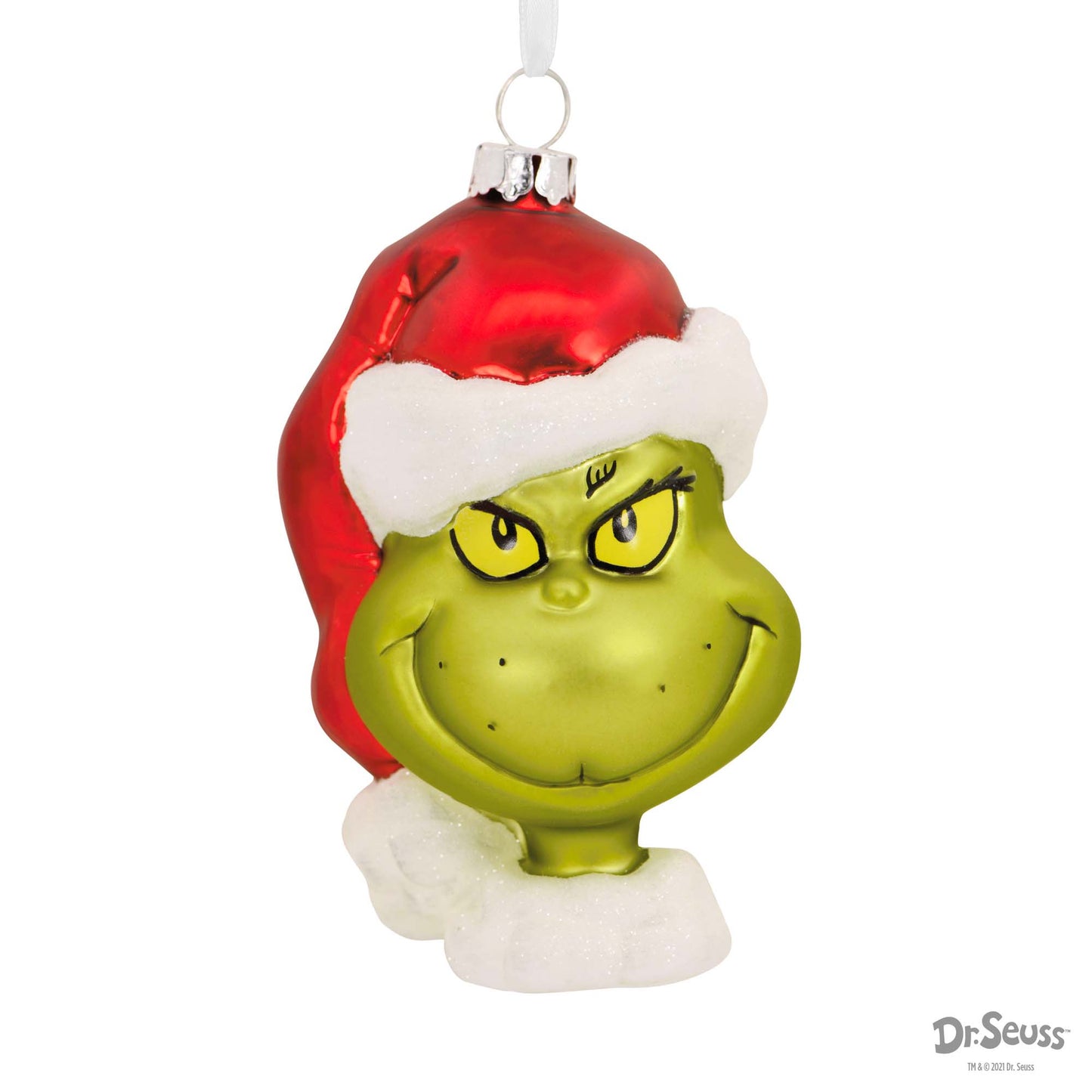 Hallmark Christmas Ornament (Dr. Seuss's How the Grinch Stole Christmas! Blown Glass) featuring the Grinch in a Santa hat with a mischievous grin.