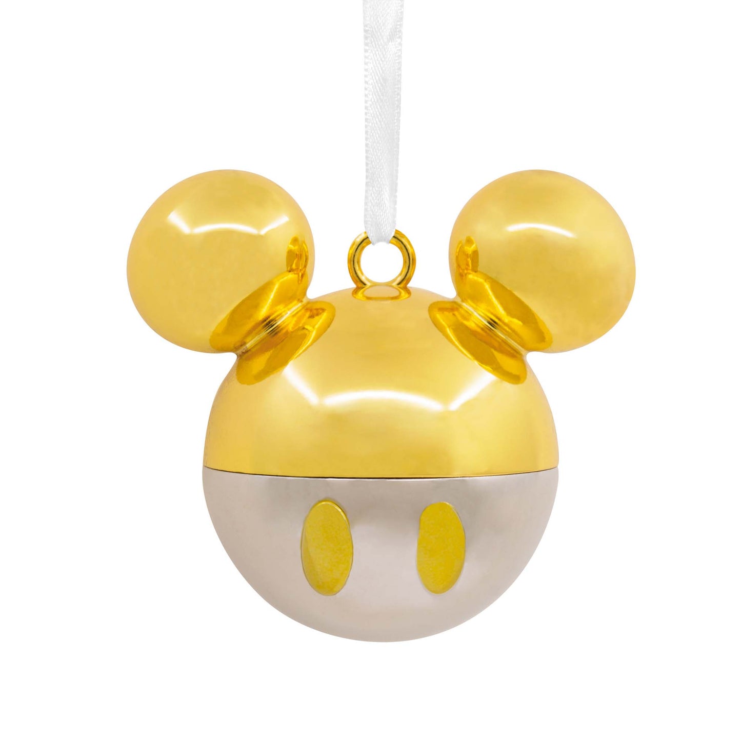 Hallmark Christmas ornament (Disney Mickey Mouse Gold Icon Premium Metal) featuring shiny gold and silver details with a white ribbon for hanging.