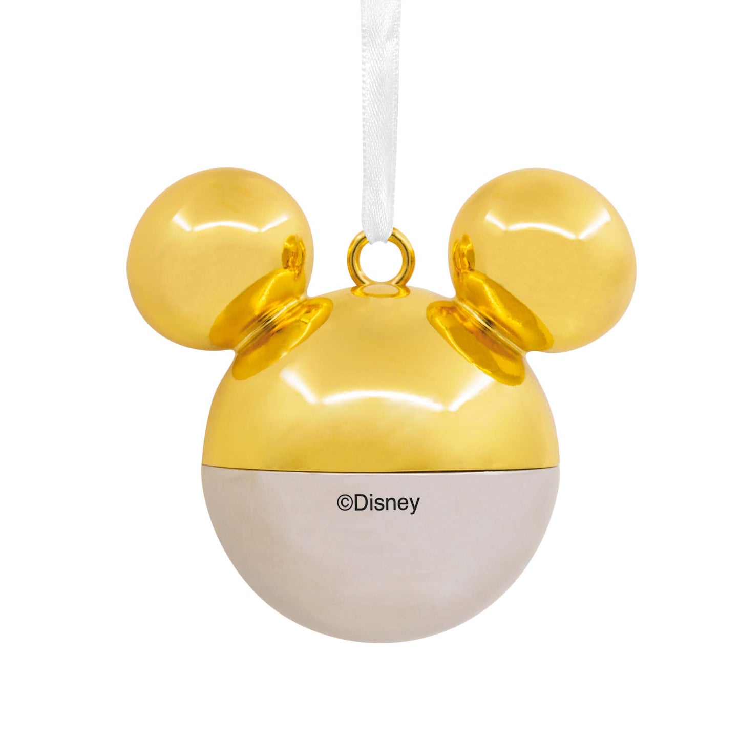 Hallmark Christmas Ornament (Disney Mickey Mouse Gold Icon Premium Metal) with shiny gold ears and white base, close up view.