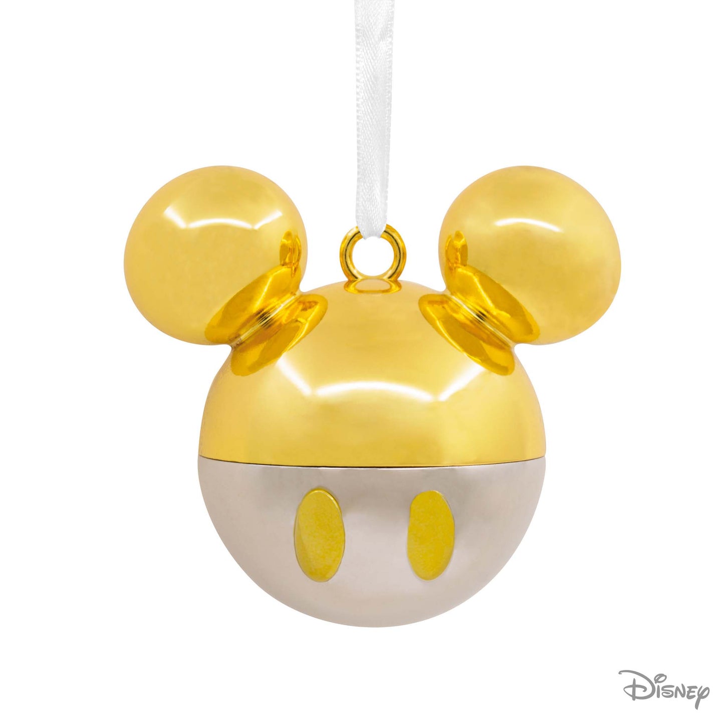 Hallmark Christmas Ornament (Disney Mickey Mouse Gold Icon Premium Metal) in shiny gold and white metal, featuring iconic Mickey ears, flat lay.