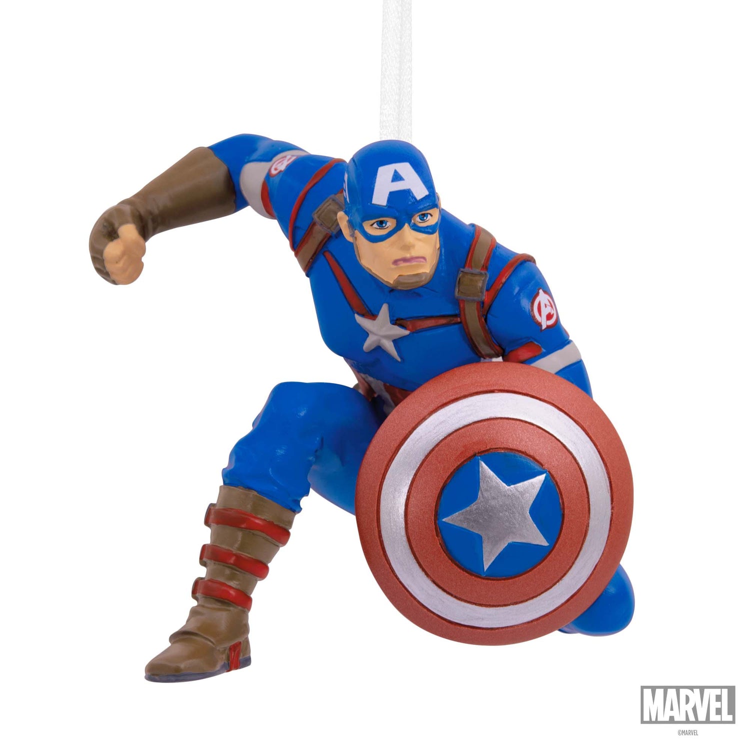 Hallmark Christmas Ornament (Marvel Avengers Captain America) featuring Captain America in an action pose, holding his shield.