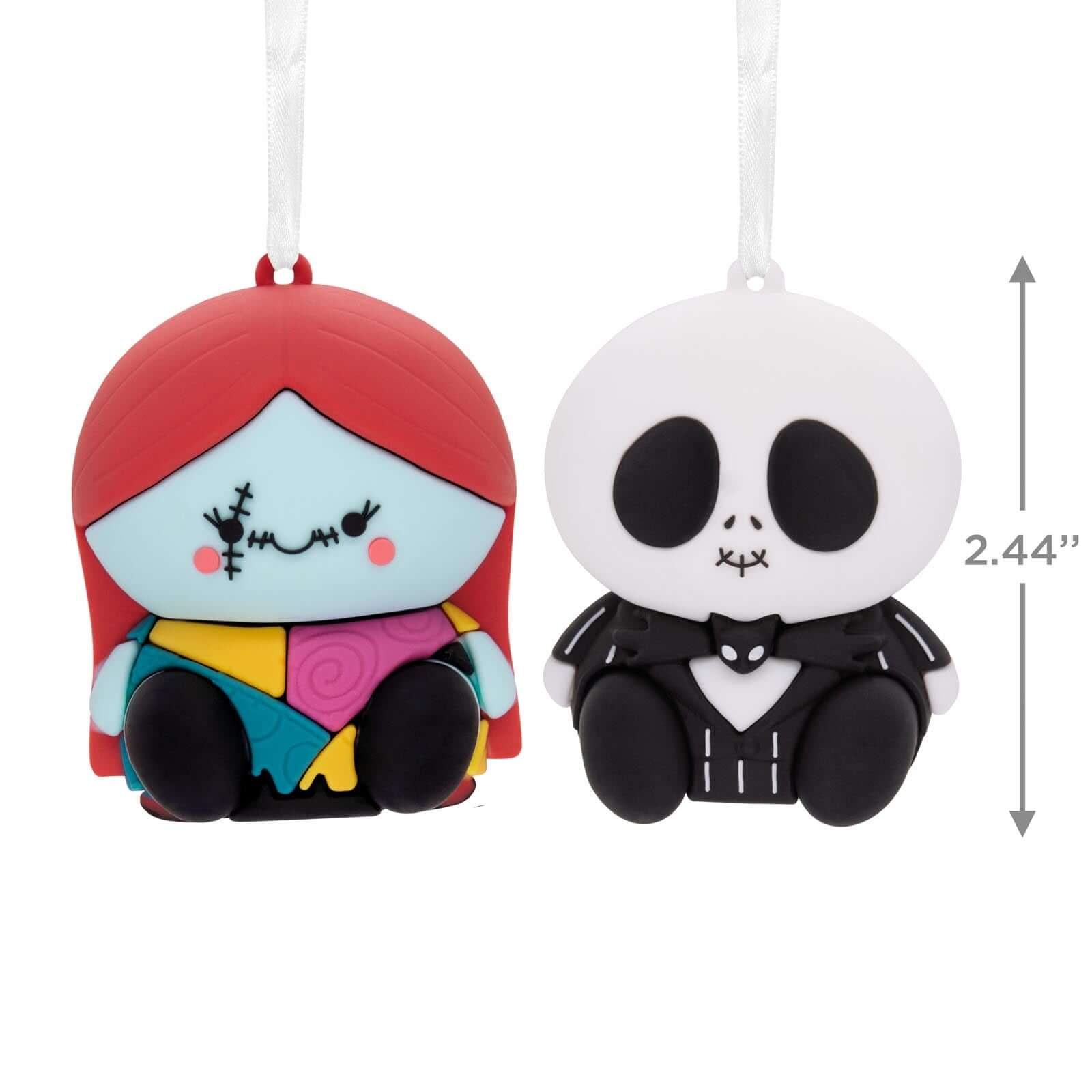 Better Together Disney Tim Burton's The Nightmare Before Christmas Jack and Sally Magnetic, set of 2 ornaments, close-up view with size detail.