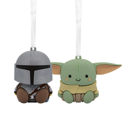 Better Together Star Wars™: The Mandalorian™ and Grogu™ Magnetic, set of 2 Christmas ornaments with vibrant designs, hanging view.