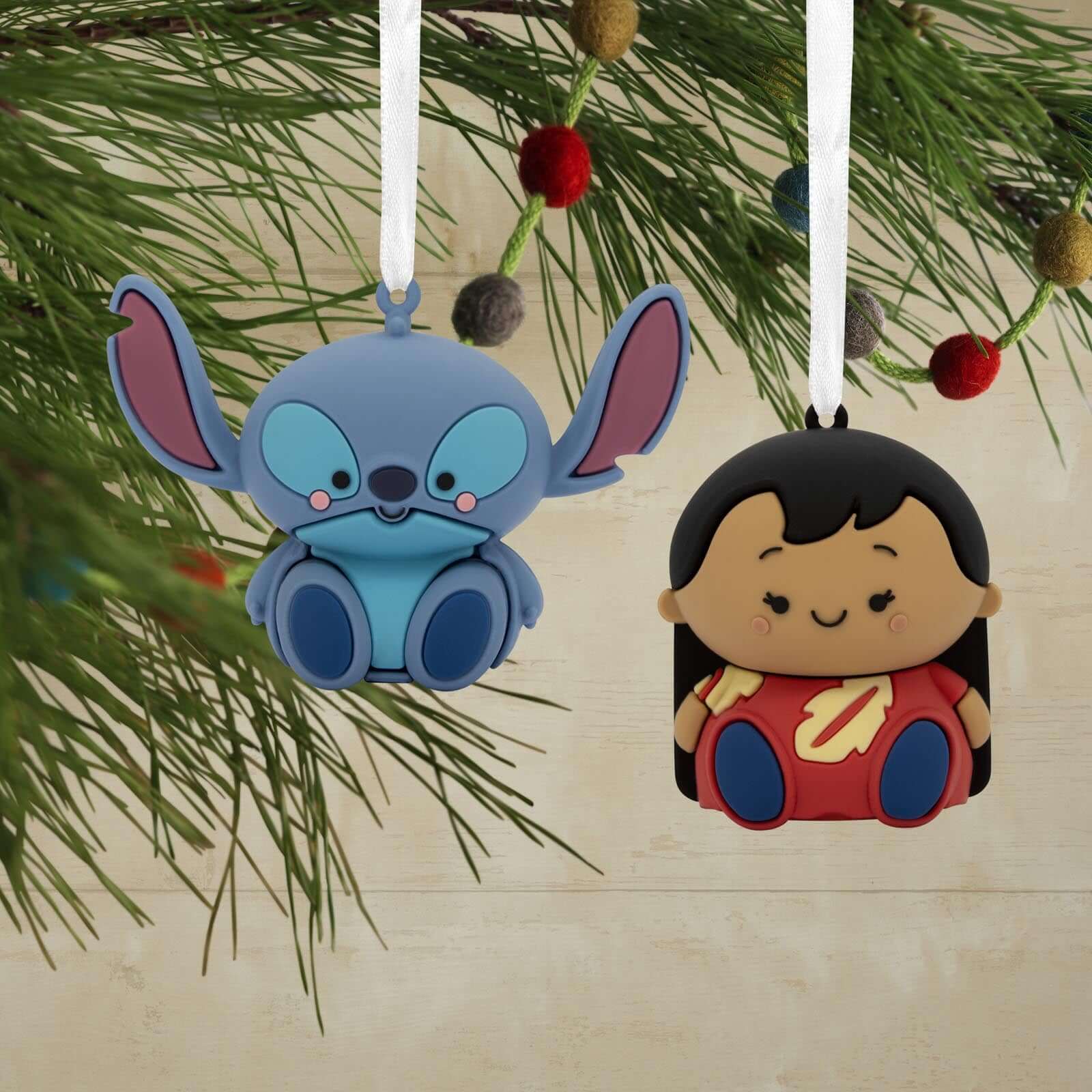 Better Together Disney Lilo & Stitch Magnetic, set of 2 - Hallmark Christmas ornament, close up view hanging on tree.