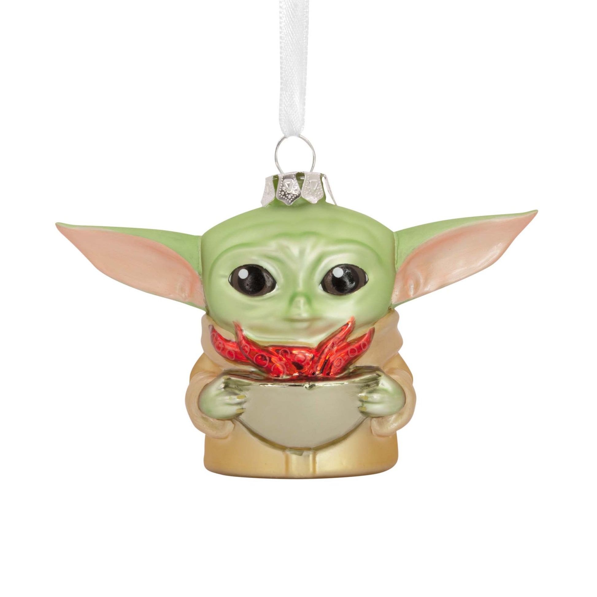 Hallmark Christmas Ornament (Star Wars™: The Mandalorian™ Grogu™ Holding Cup Blown Glass) close up of Grogu holding a cup of broth, detailed design.