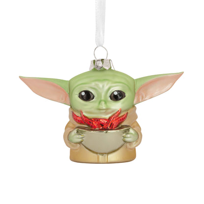 Hallmark Christmas Ornament (Star Wars™: The Mandalorian™ Grogu™ Holding Cup Blown Glass) close up of Grogu holding a cup of broth, detailed design.