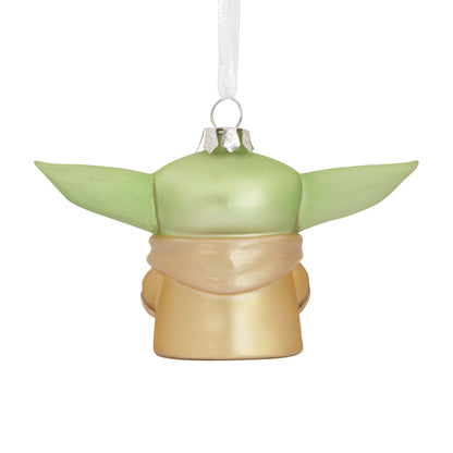 Hallmark Christmas Ornament (Star Wars™: The Mandalorian™ Grogu™ Holding Cup Blown Glass) rear view of Grogu with large ears and beige robe.