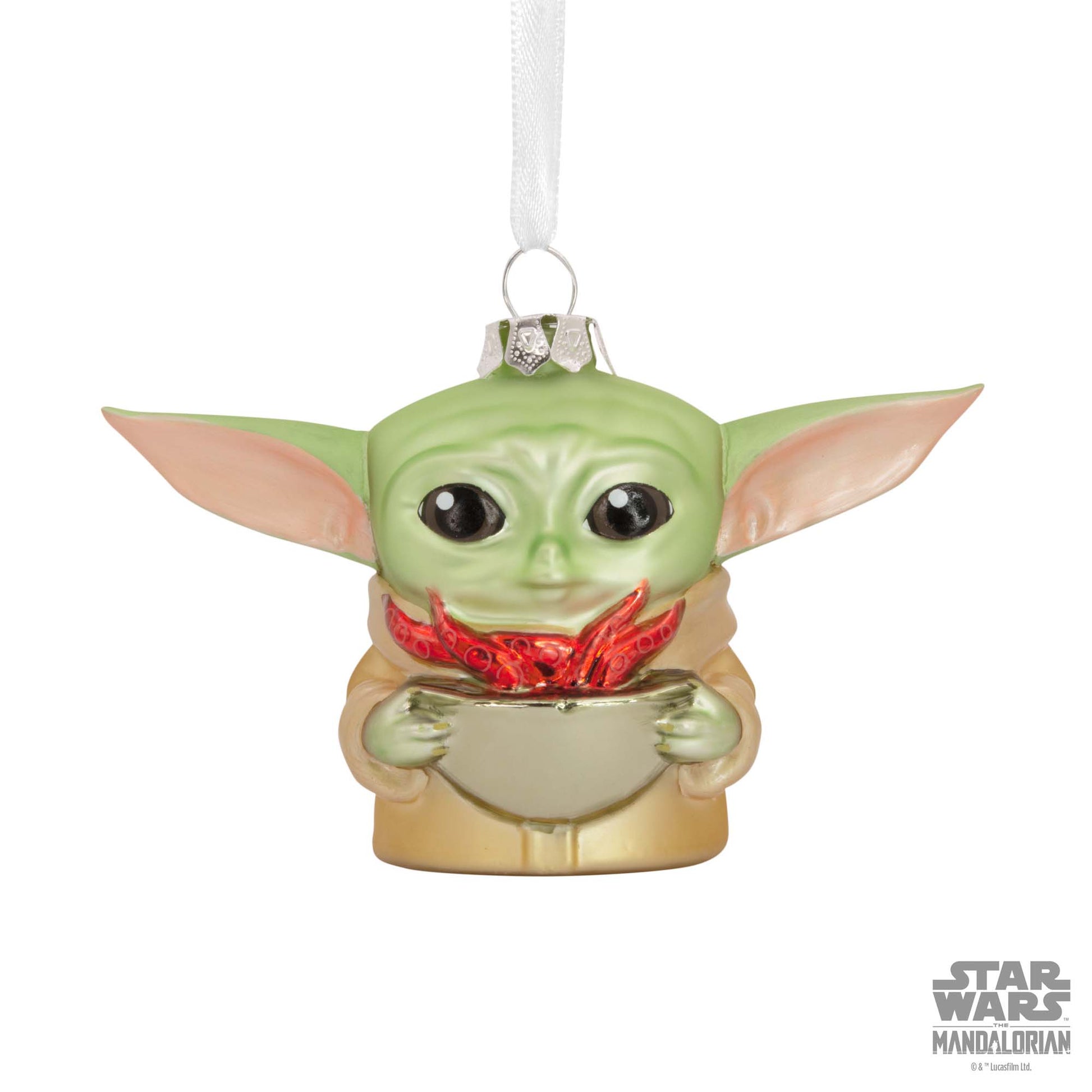 Hallmark Christmas Ornament (Star Wars™: The Mandalorian™ Grogu™ Holding Cup Blown Glass) close up of Grogu holding broth cup