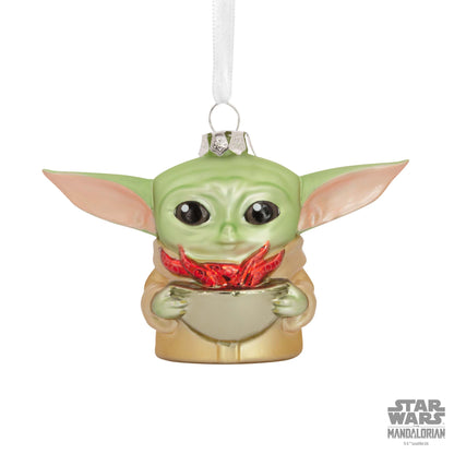Hallmark Christmas Ornament (Star Wars™: The Mandalorian™ Grogu™ Holding Cup Blown Glass) close up of Grogu holding broth cup