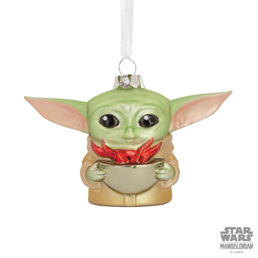 Hallmark Christmas Ornament (Star Wars™: The Mandalorian™ Grogu™ Holding Cup Blown Glass) close up of Grogu holding broth cup