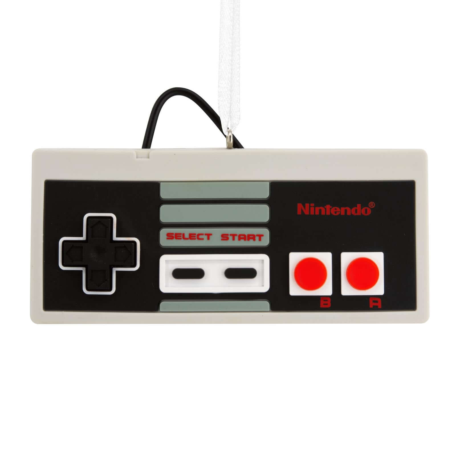 Nintendo Entertainment System video game controller - Hallmark Christmas ornament, flat lay view with iconic buttons and details